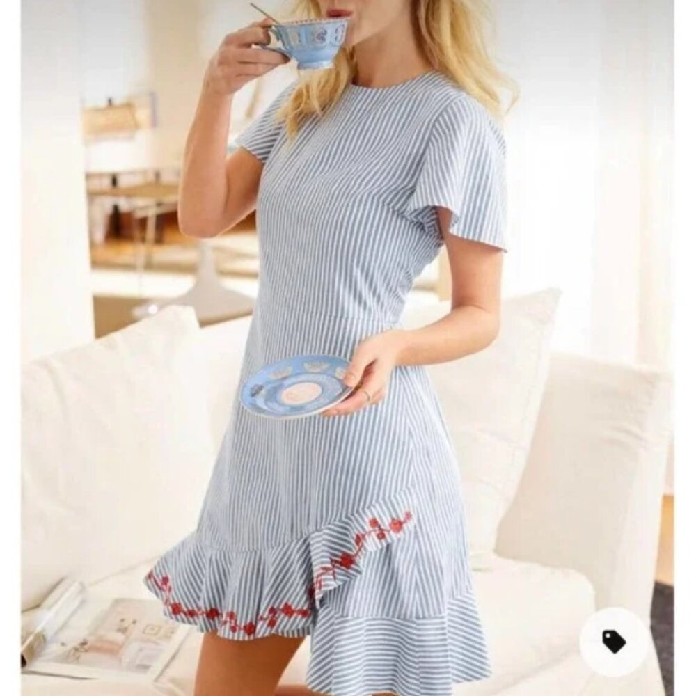 Draper James Embroidered Faux Wrap Dress Blue Stripe Red‎ Floral Trim Summer 4